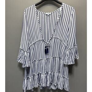 Blue Island Coverup Blue Silver White Strip Bell Sleeve Size L Coastal
